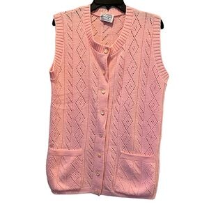 Vintage 60s Sherry Gale Sweater Vest Pastel Baby Pink Button Front Cardigan L